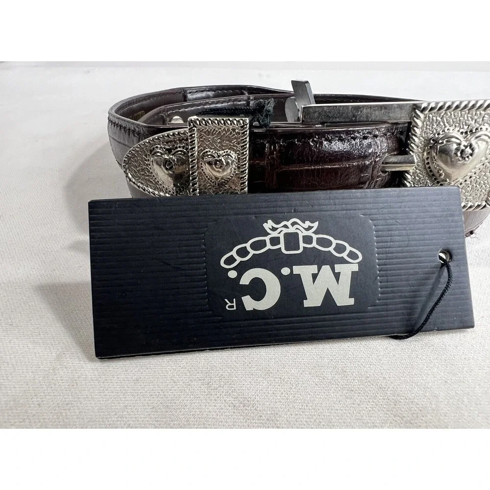 Mak Chantal Skinny Belt Womens L‎ Brown Leather Western Silver Buckle New